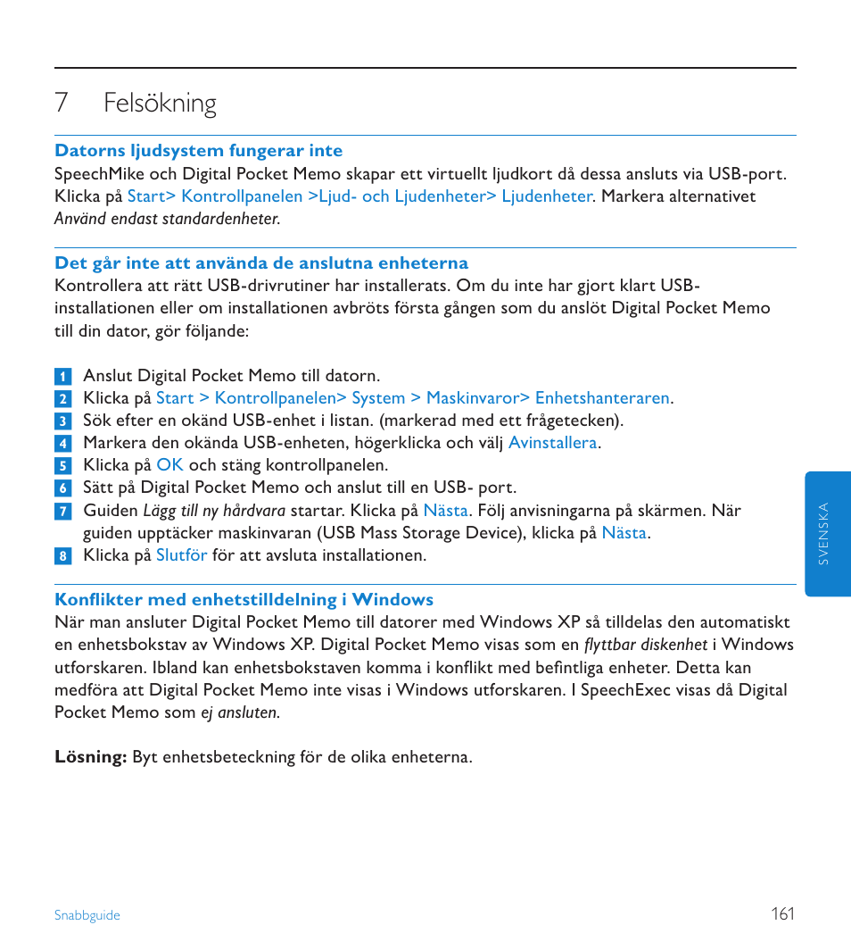 7 felsökning, Felsökning | POSIFLEX Business Machines SPEECHEXEC 4.3 User Manual | Page 161 / 184