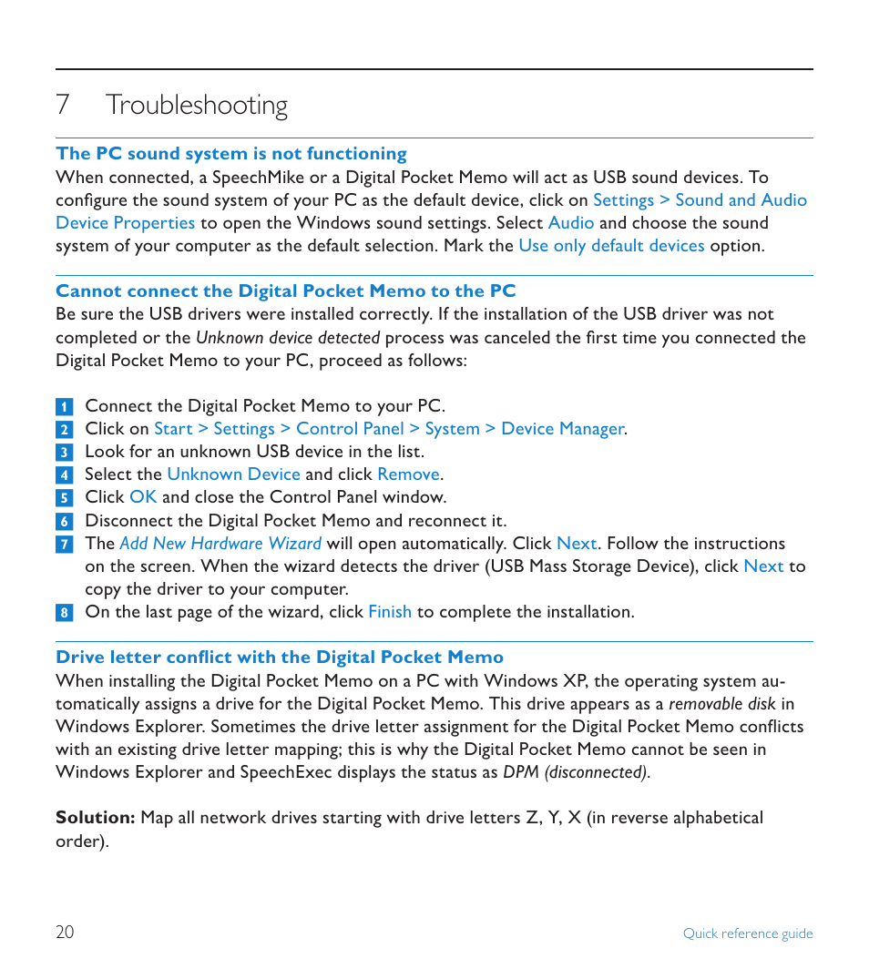 7 troubleshooting, Troubleshooting | POSIFLEX Business Machines SPEECHEXEC 4.3 User Manual | Page 20 / 184