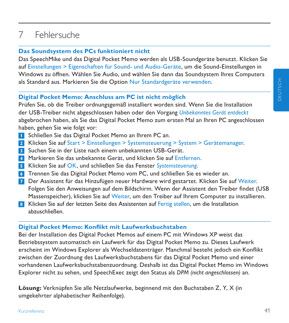 7 fehlersuche, Fehlersuche | POSIFLEX Business Machines SPEECHEXEC 4.3 User Manual | Page 41 / 184