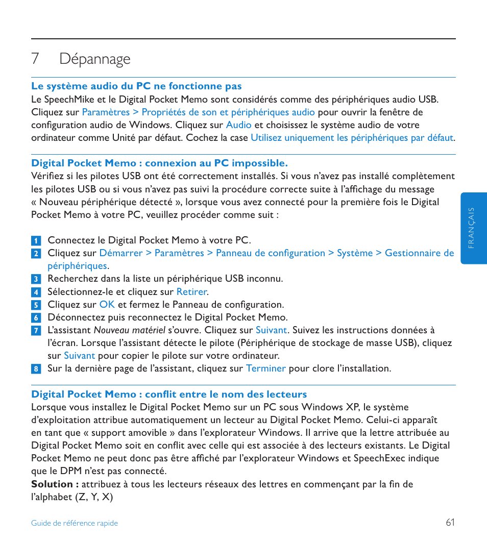 7 dépannage, Dépannage | POSIFLEX Business Machines SPEECHEXEC 4.3 User Manual | Page 61 / 184