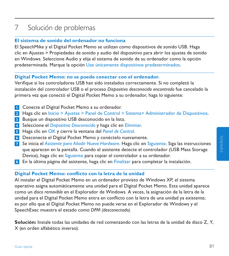7 solución de problemas, Solución de problemas | POSIFLEX Business Machines SPEECHEXEC 4.3 User Manual | Page 81 / 184