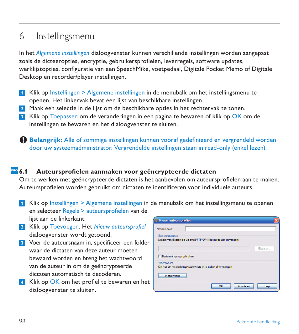 6 instellingsmenu, Instellingsmenu | POSIFLEX Business Machines SPEECHEXEC 4.3 User Manual | Page 98 / 184