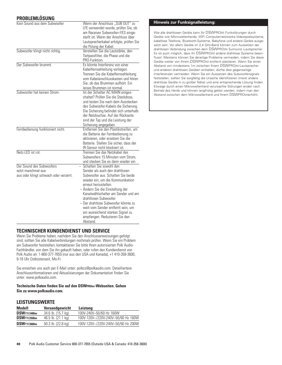 Problemlösung, Technischer kundendienst und service, Leistungswerte | Polk Audio DSW PRO 440wi User Manual | Page 40 / 60