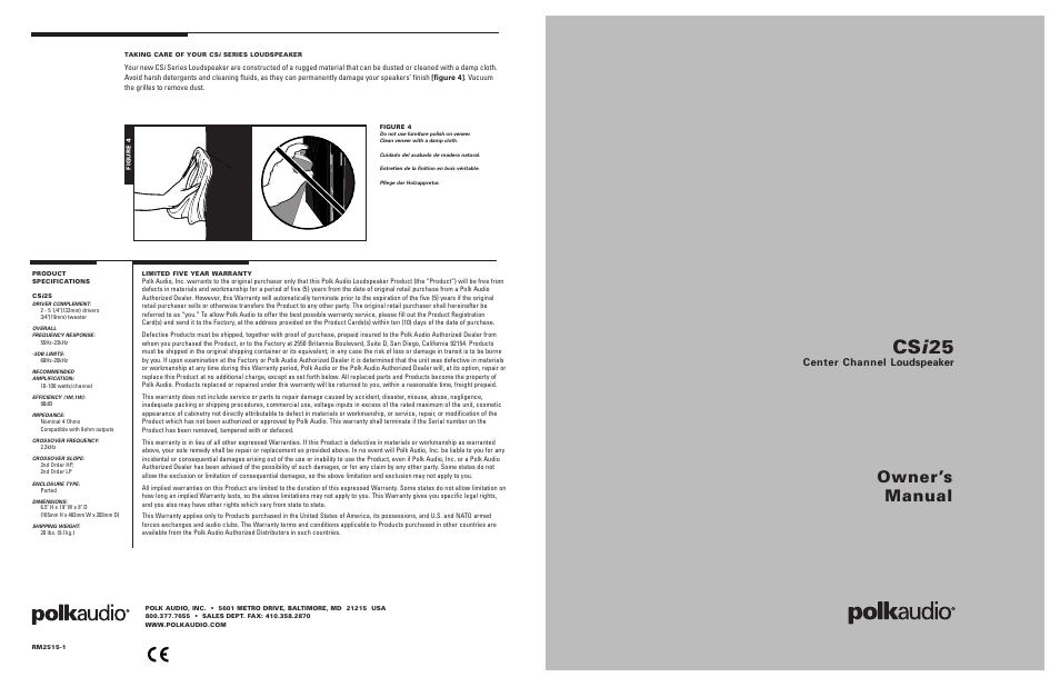 Polk Audio Center Channel Loudspeaker CSi-25 User Manual | 2 pages