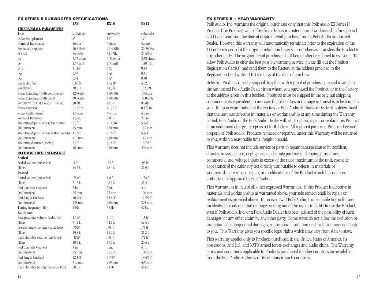 Polk Audio EX Series II Subwoofer EX652a User Manual | Page 8 / 8