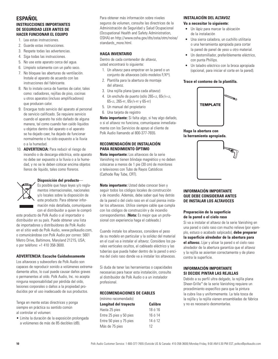 Español | Polk Audio VANISHING 265-LS User Manual | Page 10 / 16