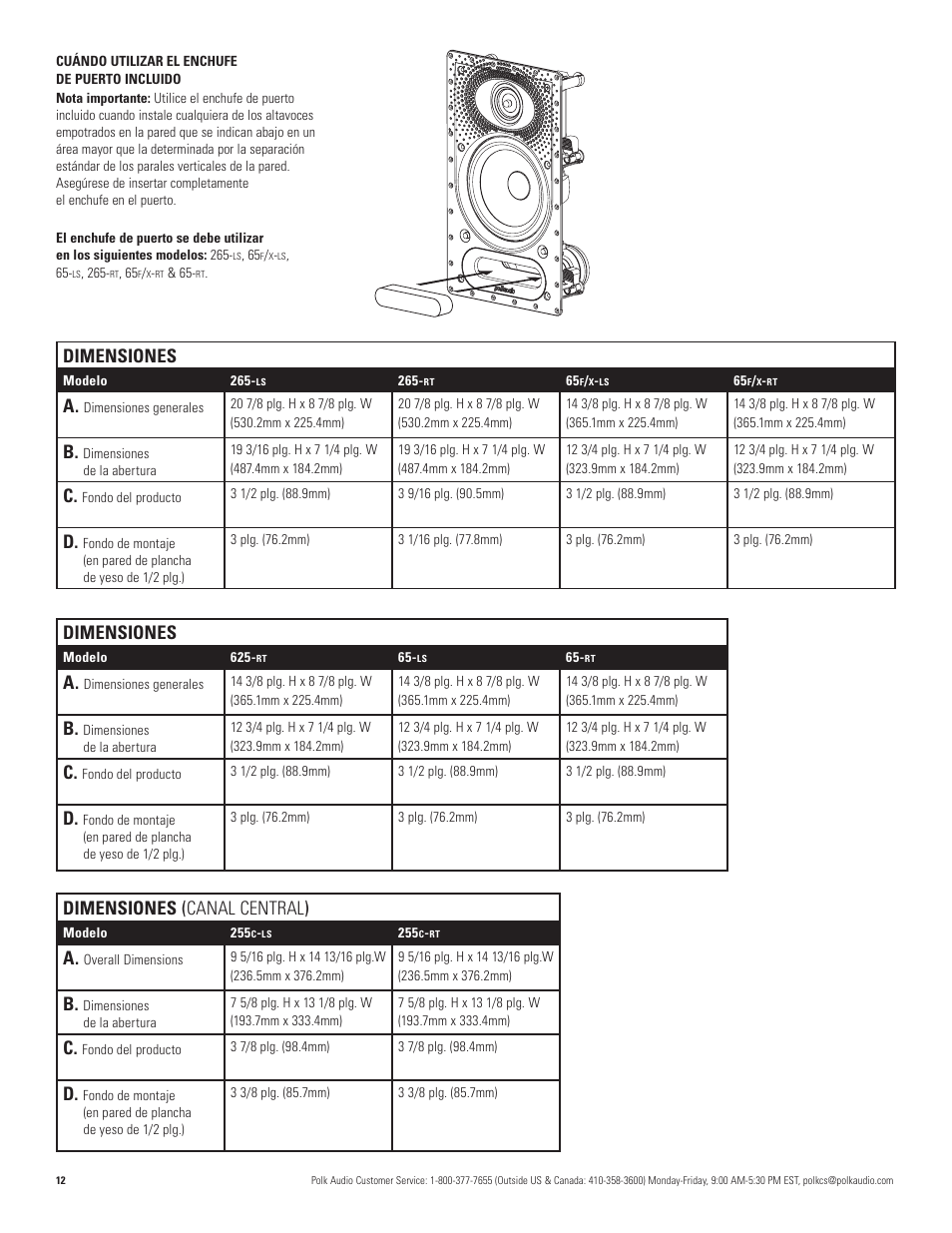 Dimensiones, Dimensiones (canal central) | Polk Audio VANISHING 265-LS User Manual | Page 12 / 16