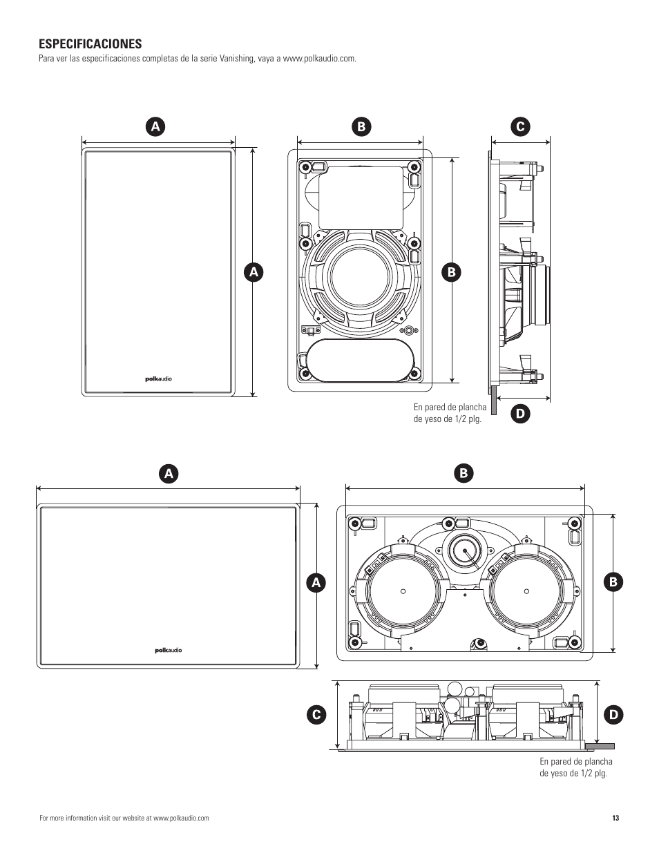 Especificaciones | Polk Audio VANISHING 265-LS User Manual | Page 13 / 16