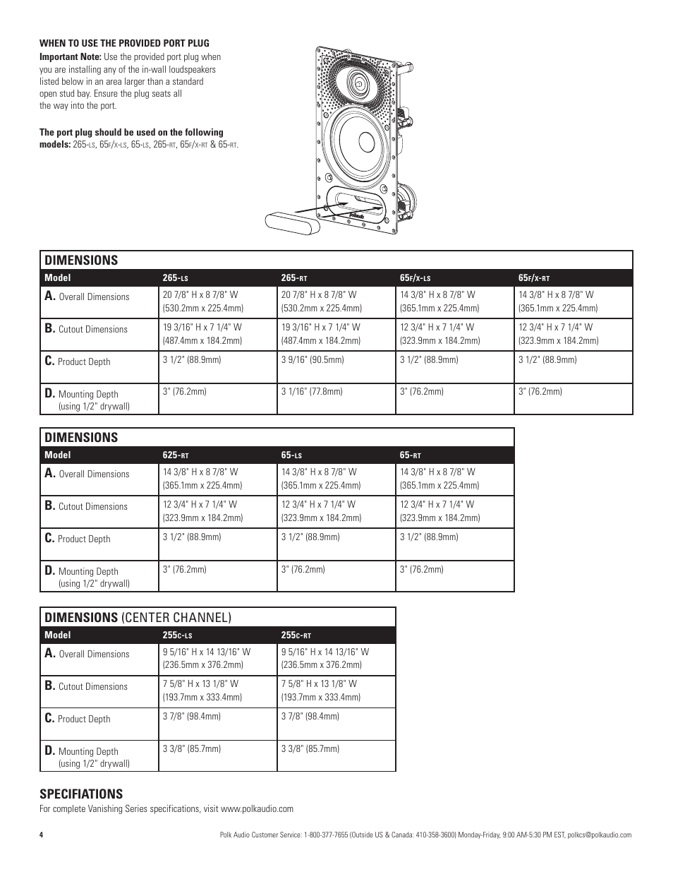 Dimensions, Dimensions (center channel), Specifiations | Polk Audio VANISHING 265-LS User Manual | Page 4 / 16