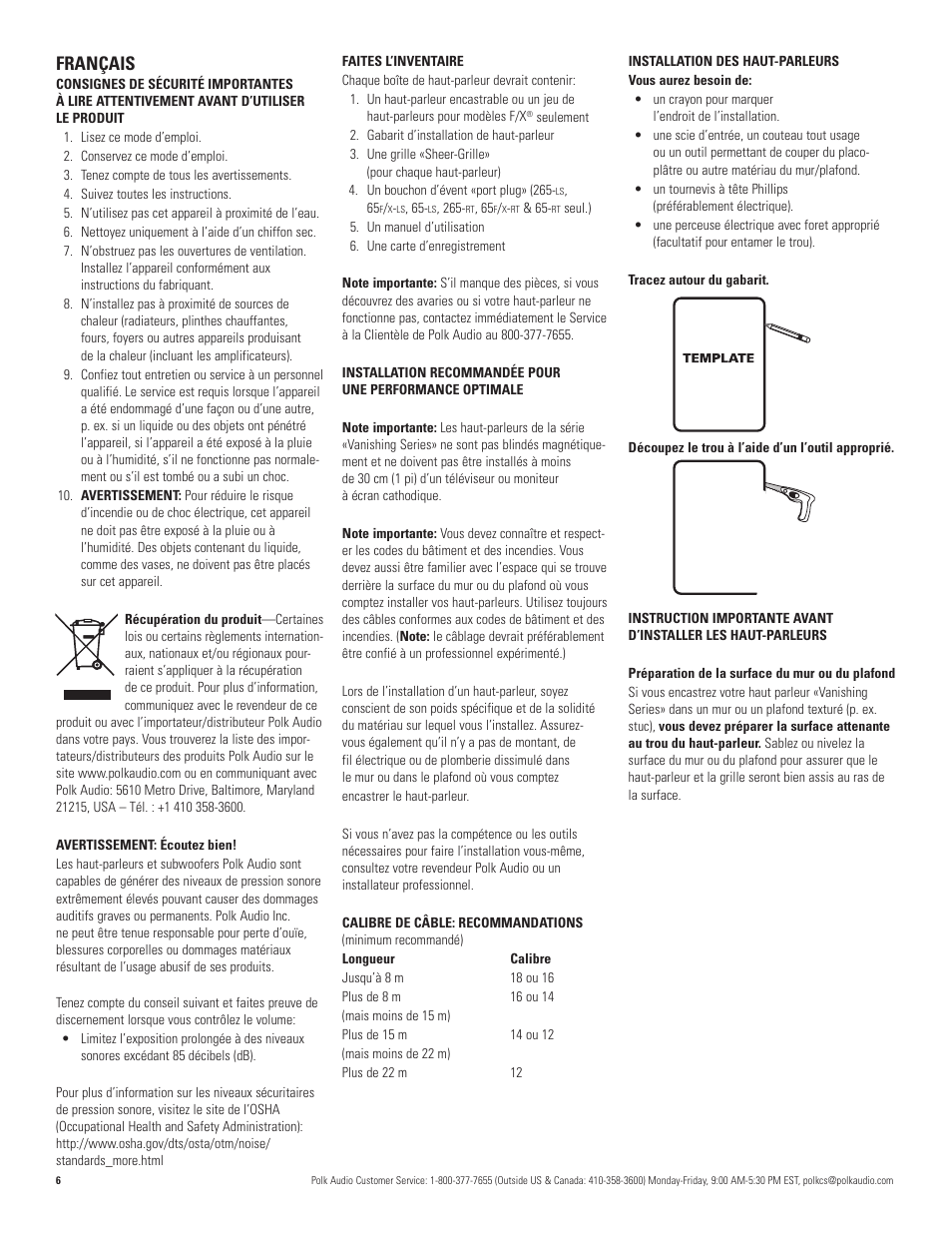 Français | Polk Audio VANISHING 265-LS User Manual | Page 6 / 16