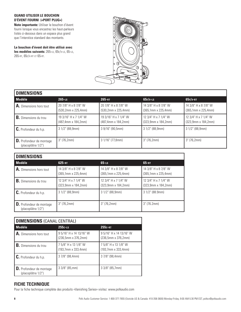 Dimensions, Fiche technique, Canal central | Polk Audio VANISHING 265-LS User Manual | Page 8 / 16