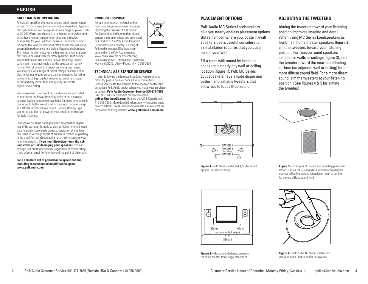 Placement options, Adjusting the tweeters, English | Polk Audio MCSERIES MC60 User Manual | Page 2 / 13