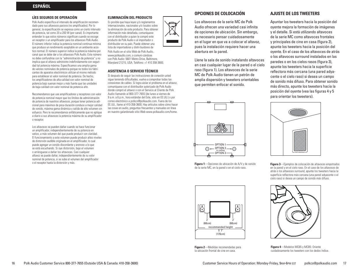 Español opciones de colocación, Ajuste de los tweeters | Polk Audio MCSERIES MC60 User Manual | Page 9 / 13