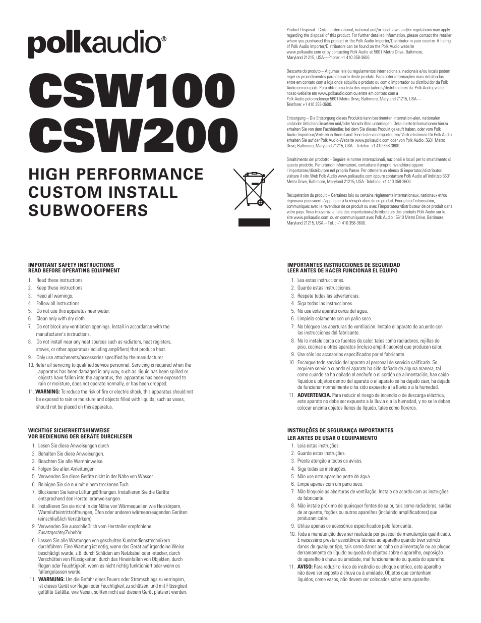 Polk Audio CSW200 User Manual | 16 pages