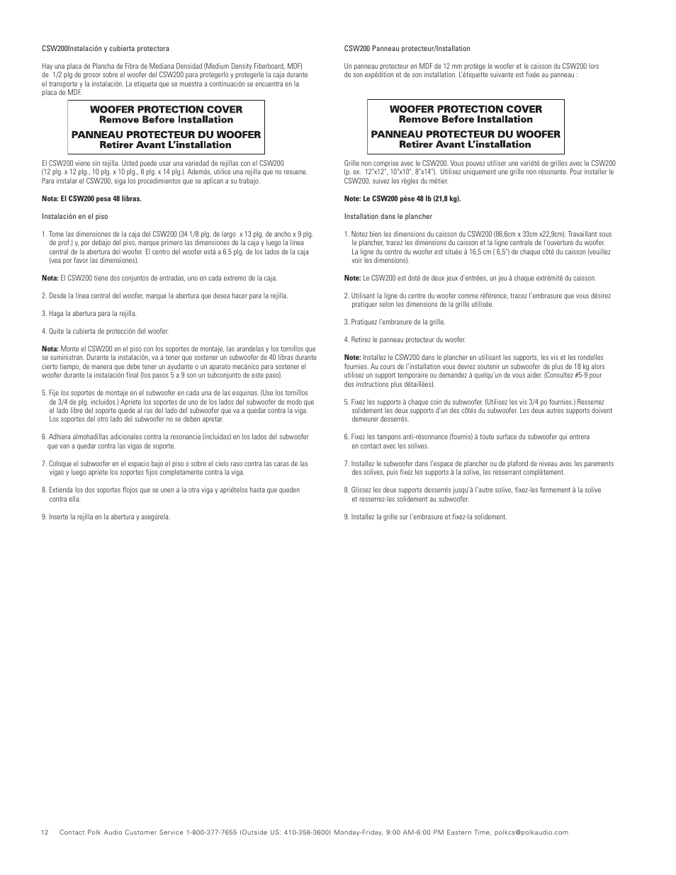 Polk Audio CSW200 User Manual | Page 12 / 16