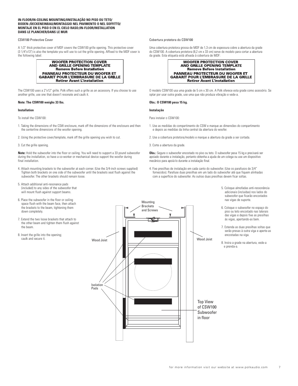 Top view of csw100 subwoofer in floor | Polk Audio CSW200 User Manual | Page 7 / 16