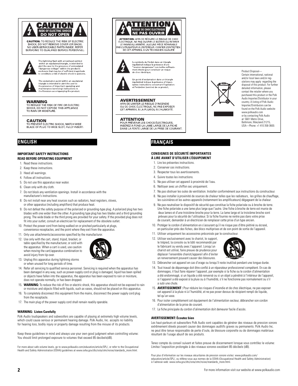 Français english | Polk Audio VM20 User Manual | Page 2 / 16