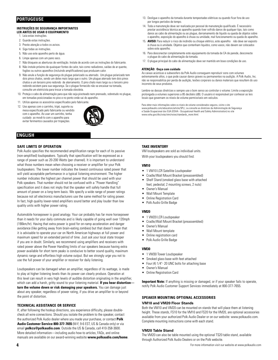 Portugeuse, English | Polk Audio VM20 User Manual | Page 4 / 16