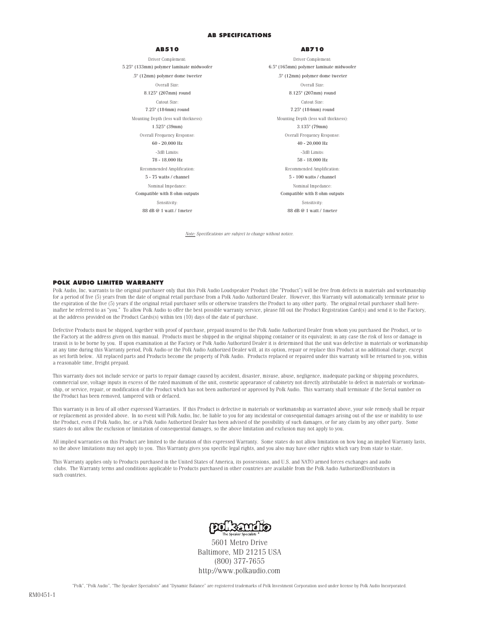 Polk Audio AB710 User Manual | Page 4 / 4