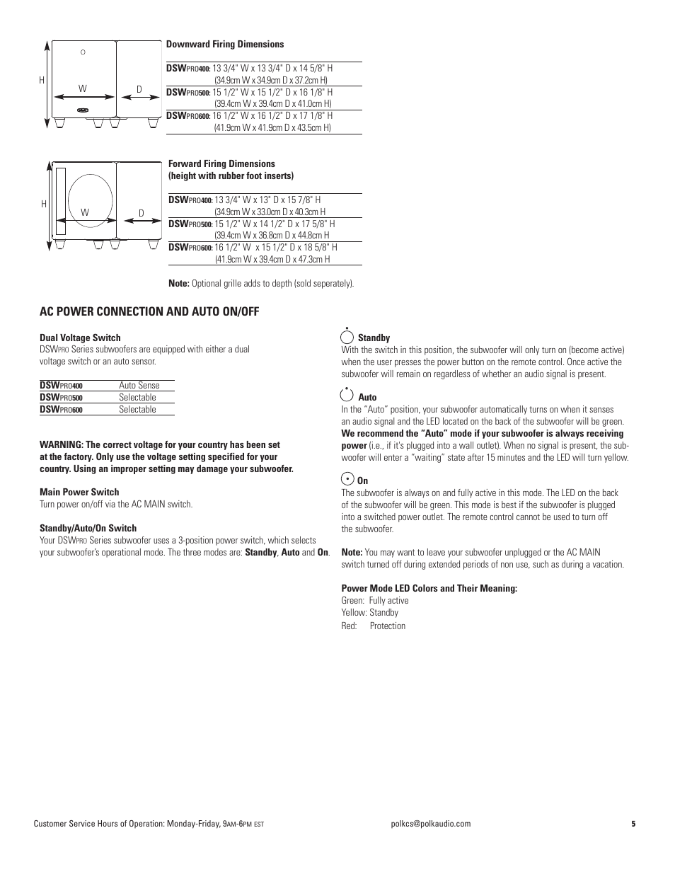 Ac power connection and auto on/off | Polk Audio DSW PRO 400 User Manual | Page 5 / 52