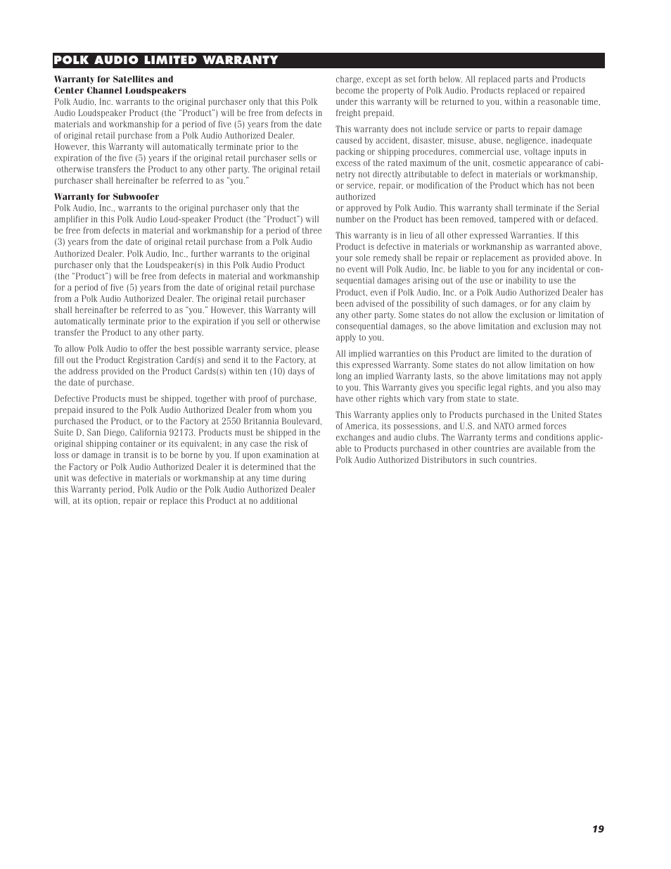 Polk Audio RM2300 User Manual | Page 19 / 20