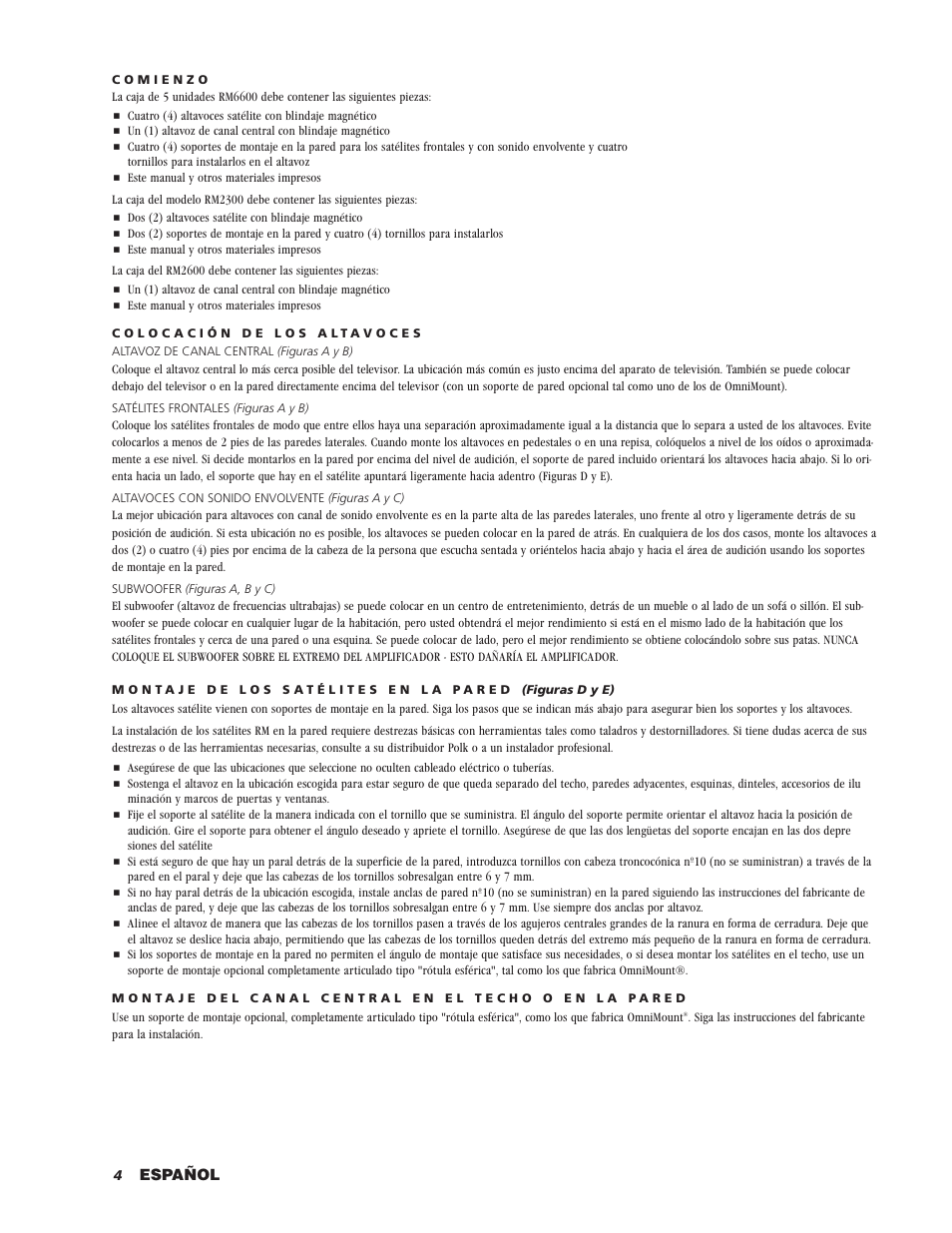 Español | Polk Audio RM2300 User Manual | Page 4 / 20