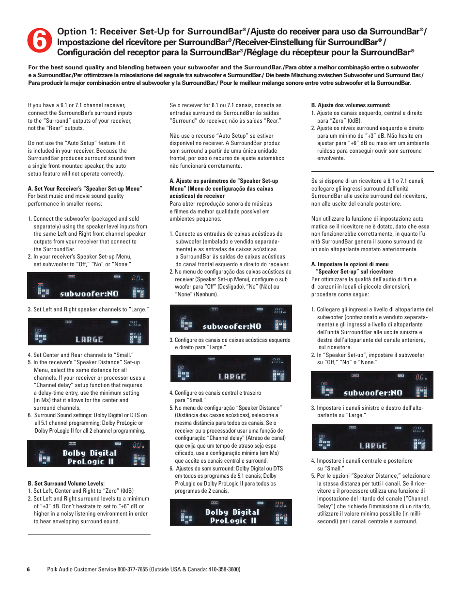 Option 1: receiver set-up for surroundbar, Ajuste do receiver para uso da surroundbar, Impostazione del ricevitore per surroundbar | Receiver-einstellung für surroundbar, Configuración del receptor para la surroundbar, Réglage du récepteur pour la surroundbar | Polk Audio 50 User Manual | Page 6 / 12