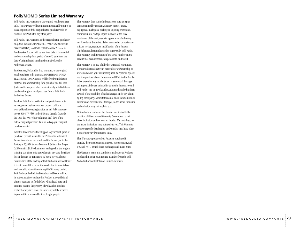 Polk/momo series limited warranty | Polk Audio C400.4 User Manual | Page 12 / 13