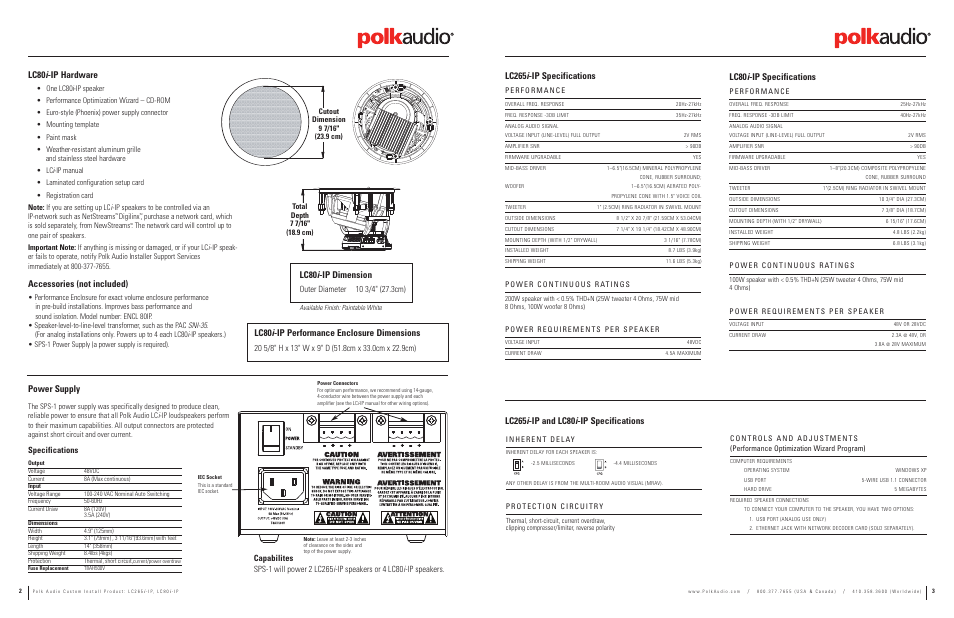 Lc265 i -ip specifications, Lc80 i -ip dimension, Lc80 i -ip specifications | Lc80 i -ip hardware, Accessories (not included), Power supply, Lc80 i -ip performance enclosure dimensions, Specifications, Digilinx | Polk Audio Pol Audio LC265i User Manual | Page 2 / 3