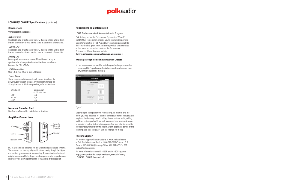 Network decoder card, Amplifier connections, Recommended configuration | Factory support | Polk Audio Pol Audio LC265i User Manual | Page 3 / 3