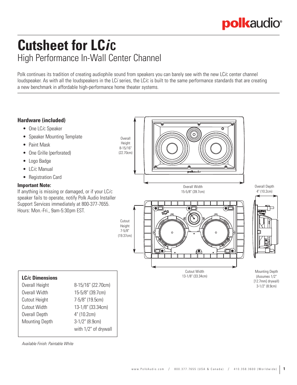 Polk Audio High Performance In-Wall Center Channel User Manual | 2 pages