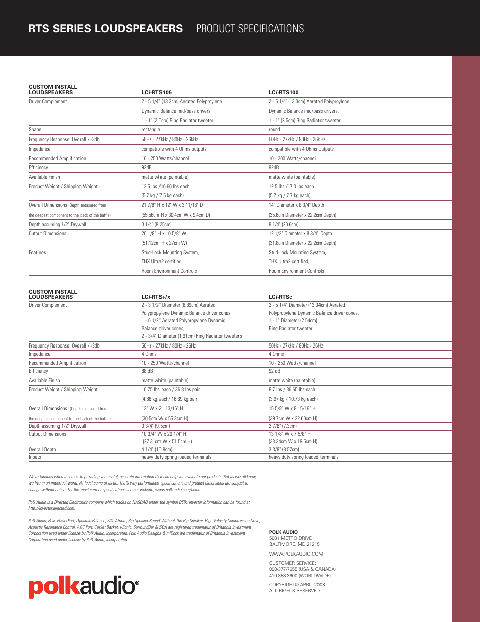 Rts series loudspeakers product specifications | Polk Audio RTS Series User Manual | Page 4 / 4