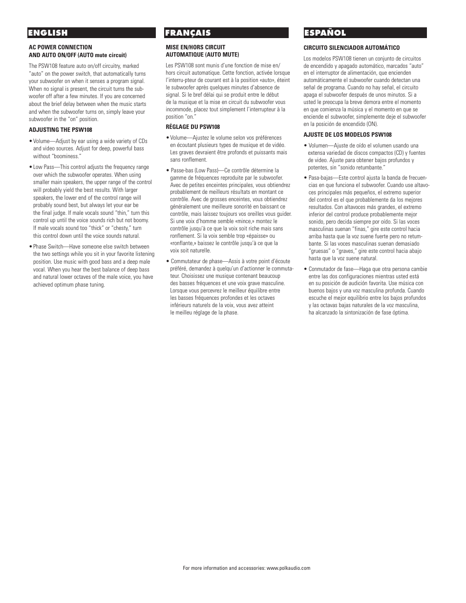 Polk Audio Powered Subwoofer PSW108 User Manual | Page 7 / 8