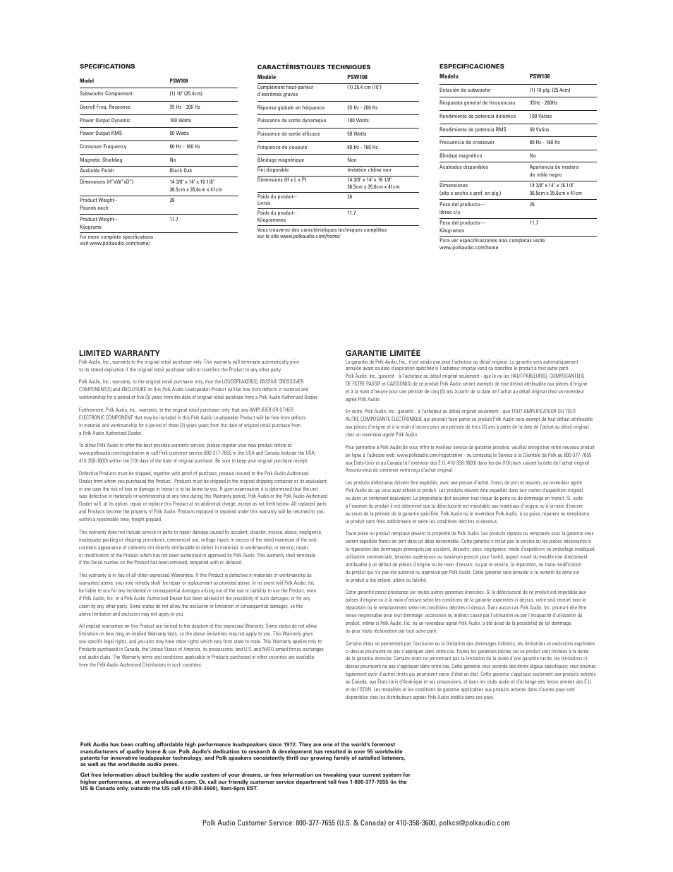 Polk Audio Powered Subwoofer PSW108 User Manual | Page 8 / 8