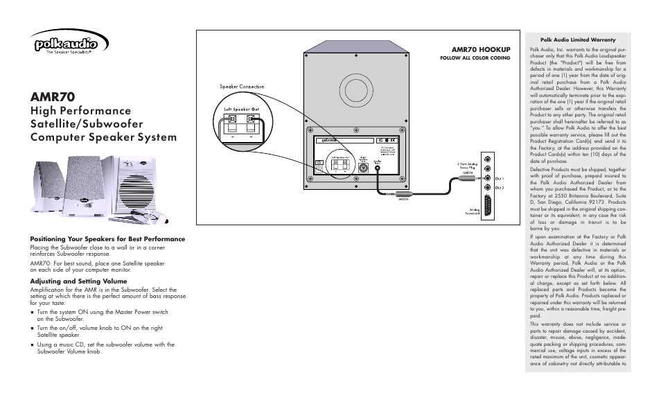 Polk Audio AMR70 User Manual | 2 pages