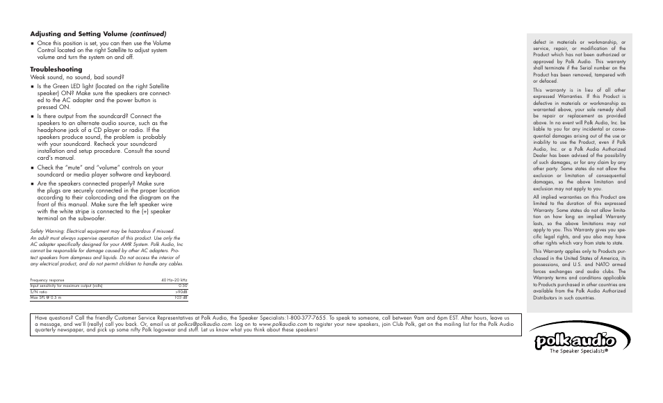 Adjusting and setting volume (continued), Troubleshooting | Polk Audio AMR70 User Manual | Page 2 / 2