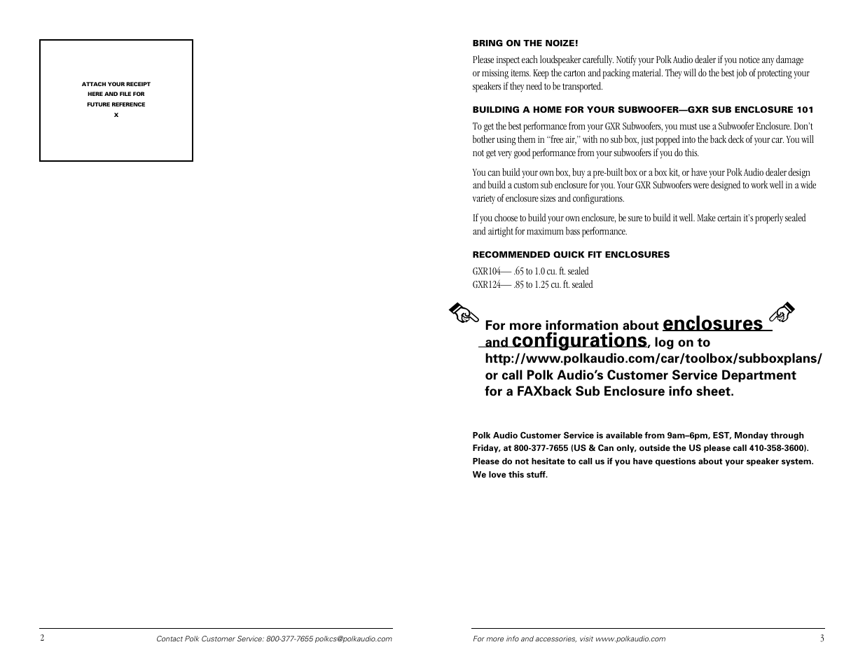 Enclosures, Configurations | Polk Audio GXR Series User Manual | Page 2 / 4