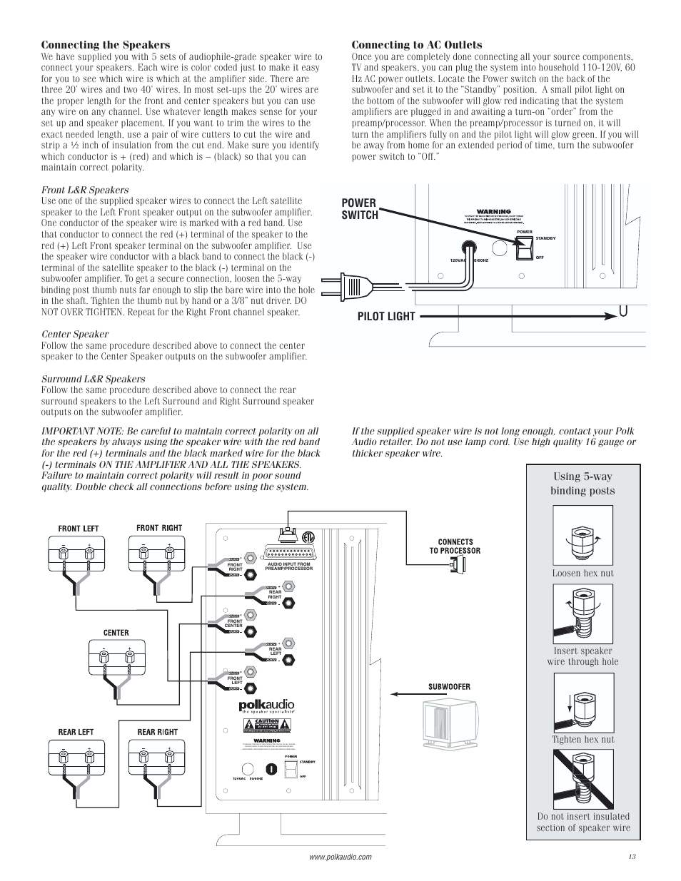 Connecting the speakers, Power switch pilot light connecting to ac outlets, Using 5-way binding posts | Polk Audio Digital Solution System User Manual | Page 13 / 32