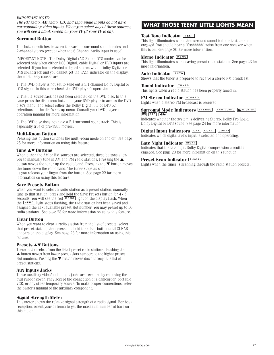 What those teeny little lights mean | Polk Audio Digital Solution System User Manual | Page 17 / 32