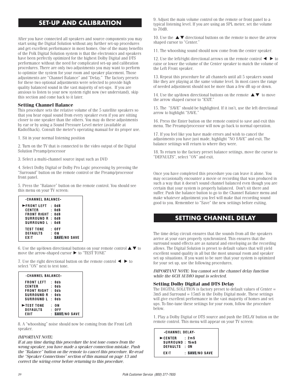 Set-up and calibration, Setting channel delay | Polk Audio Digital Solution System User Manual | Page 20 / 32