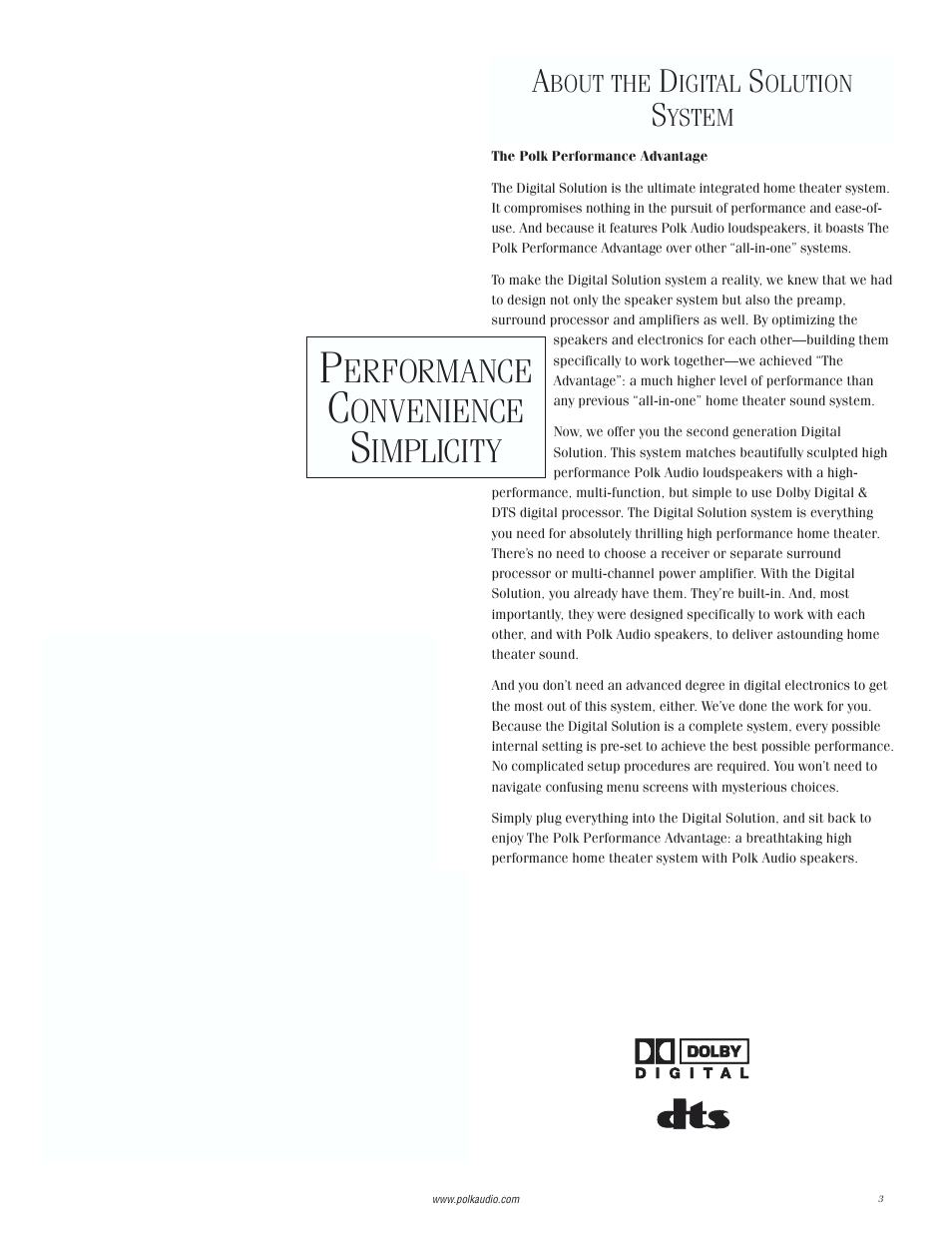 Erformance, Onvenience, Implicity | Bout the, Igital, Olution, Ystem | Polk Audio Digital Solution System User Manual | Page 3 / 32