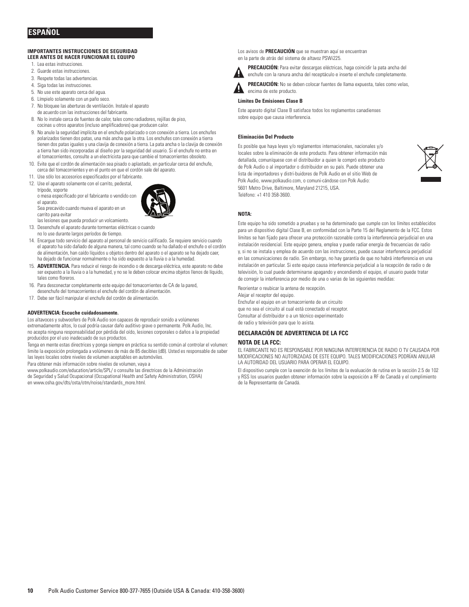Español | Polk Audio WIRELESS POWERED SUBWOOFER PSWi-8M User Manual | Page 10 / 16