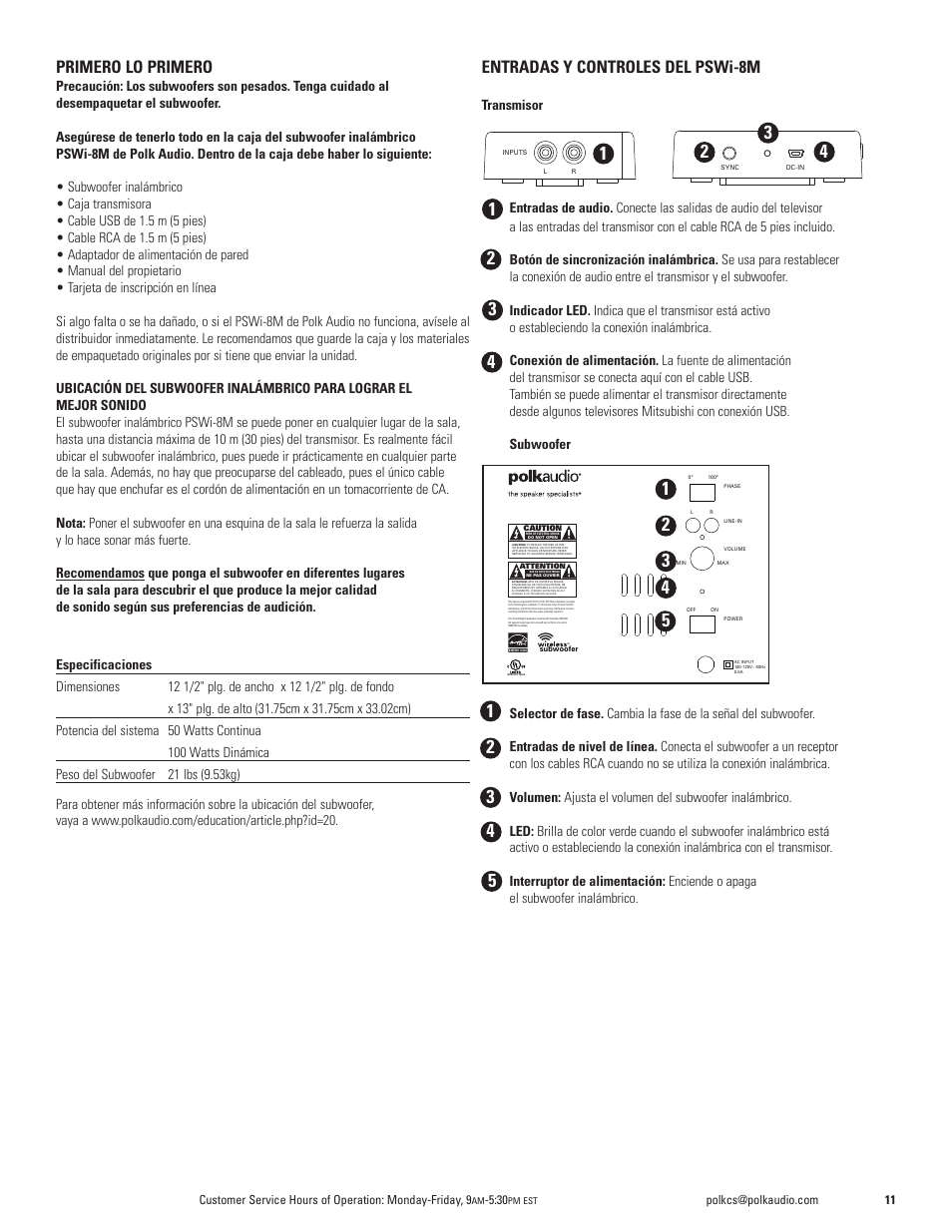 Primero lo primero, Entradas y controles del pswi-8m | Polk Audio WIRELESS POWERED SUBWOOFER PSWi-8M User Manual | Page 11 / 16
