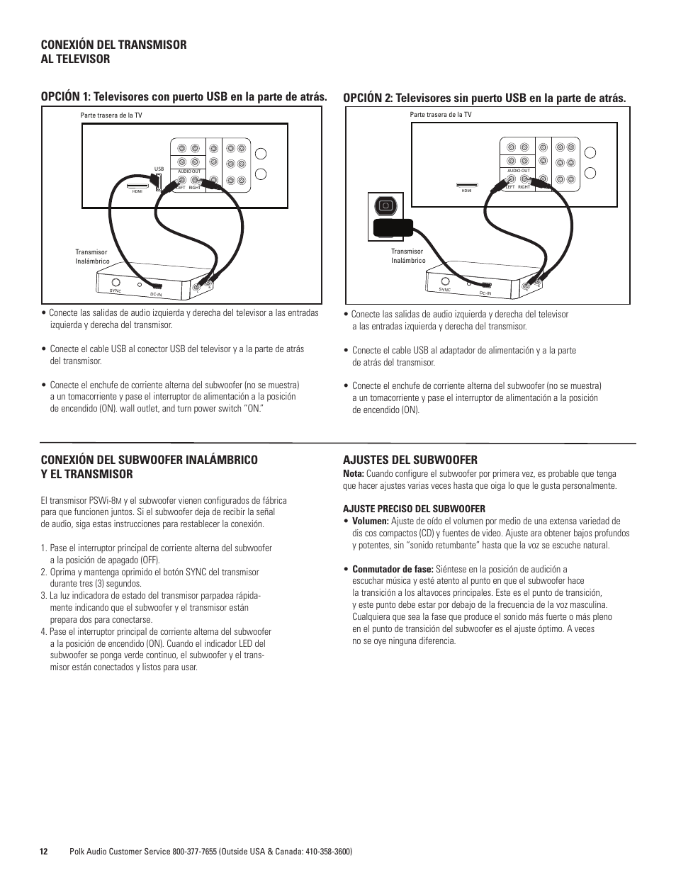 Conexión del subwoofer inalámbrico y el transmisor, Ajustes del subwoofer | Polk Audio WIRELESS POWERED SUBWOOFER PSWi-8M User Manual | Page 12 / 16
