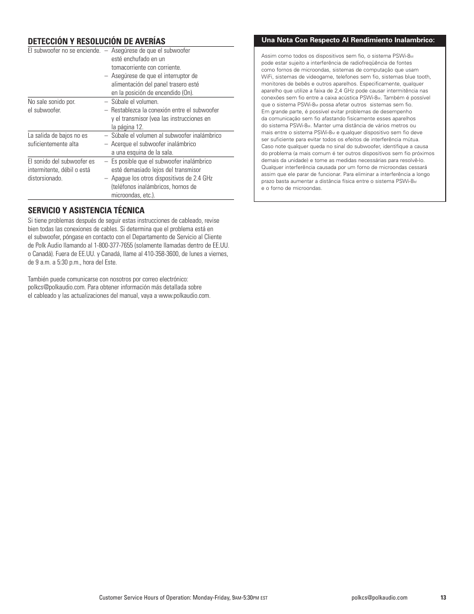Detección y resolución de averías, Servicio y asistencia técnica | Polk Audio WIRELESS POWERED SUBWOOFER PSWi-8M User Manual | Page 13 / 16