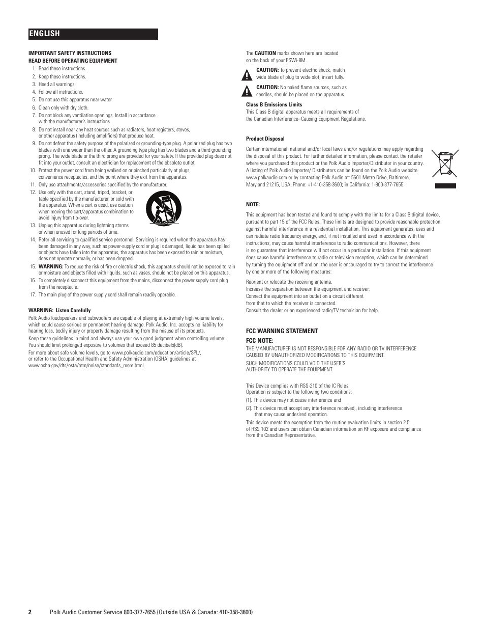 English | Polk Audio WIRELESS POWERED SUBWOOFER PSWi-8M User Manual | Page 2 / 16