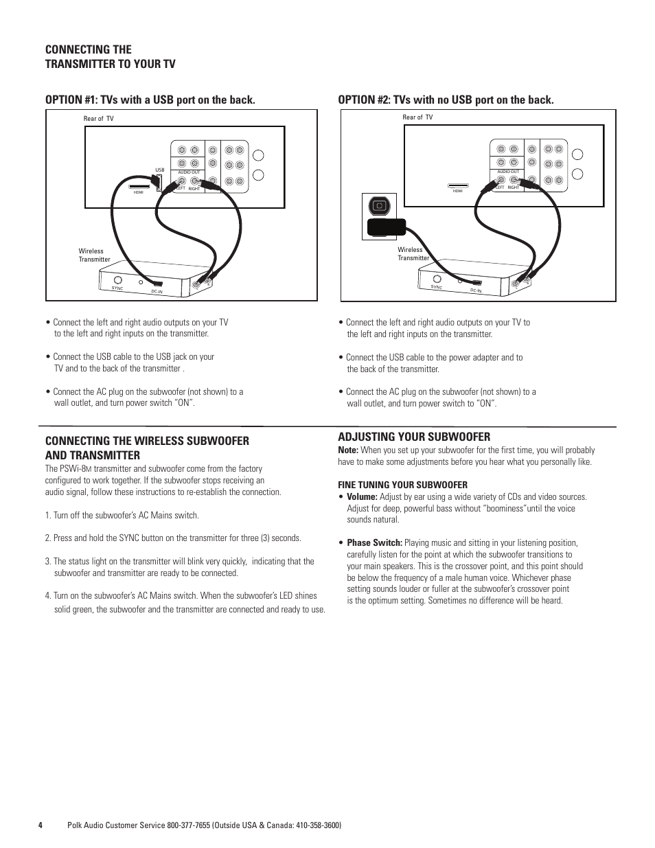 Connecting the wireless subwoofer and transmitter, Option #2: tvs with no usb port on the back, Adjusting your subwoofer | Polk Audio WIRELESS POWERED SUBWOOFER PSWi-8M User Manual | Page 4 / 16