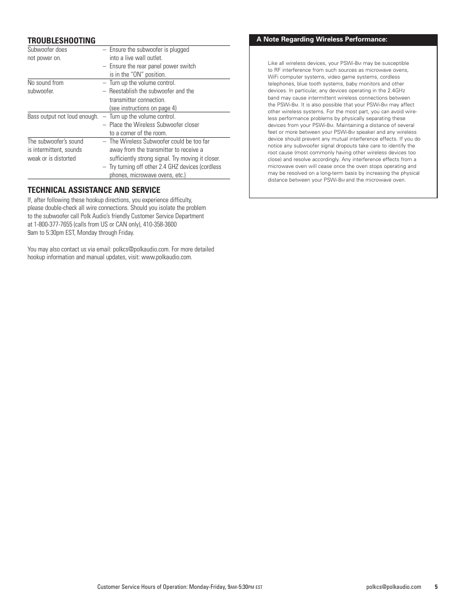 Troubleshooting, Technical assistance and service | Polk Audio WIRELESS POWERED SUBWOOFER PSWi-8M User Manual | Page 5 / 16