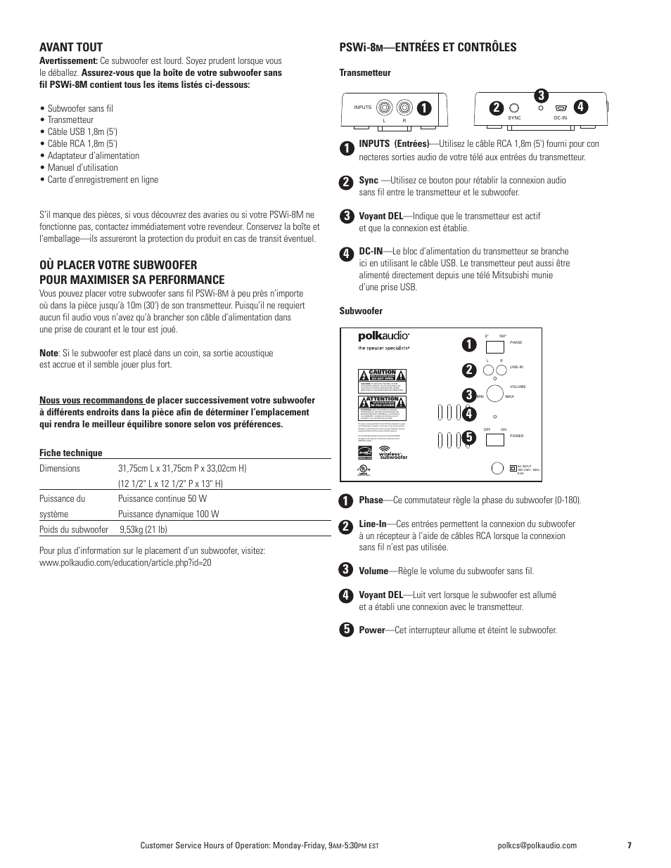 Avant tout, Pswi-8, Entrées et contrôles | Polk Audio WIRELESS POWERED SUBWOOFER PSWi-8M User Manual | Page 7 / 16