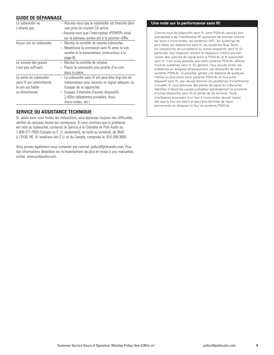 Guide de dépannage, Service ou assistance technique | Polk Audio WIRELESS POWERED SUBWOOFER PSWi-8M User Manual | Page 9 / 16